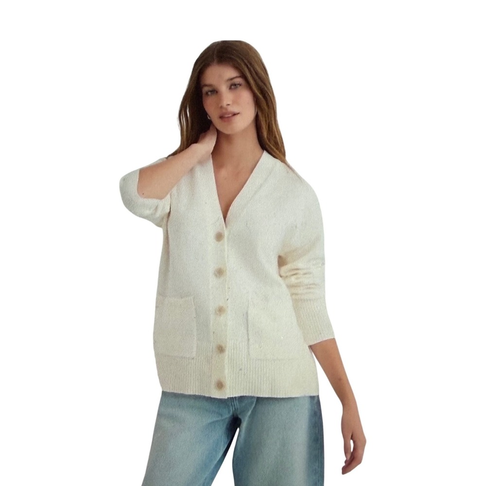 LOFT Cardigan Sweater Womens XS White Button Front V Neck Cotton Blend Pockets